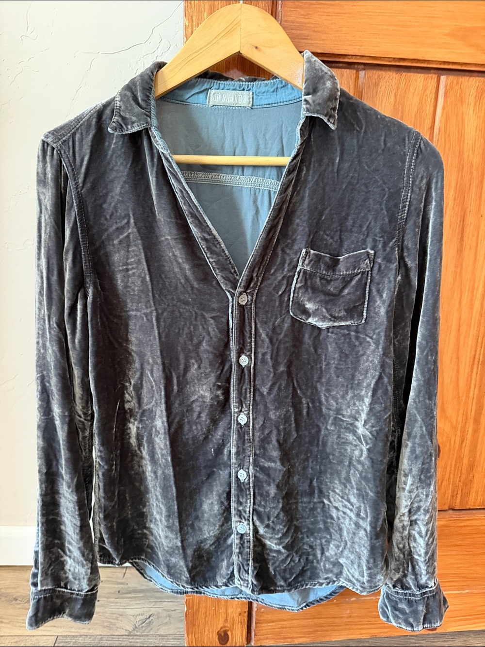 CP Shades Silk Rayon Velvet Button Down Shirt | Charcoal Grey Blue XS